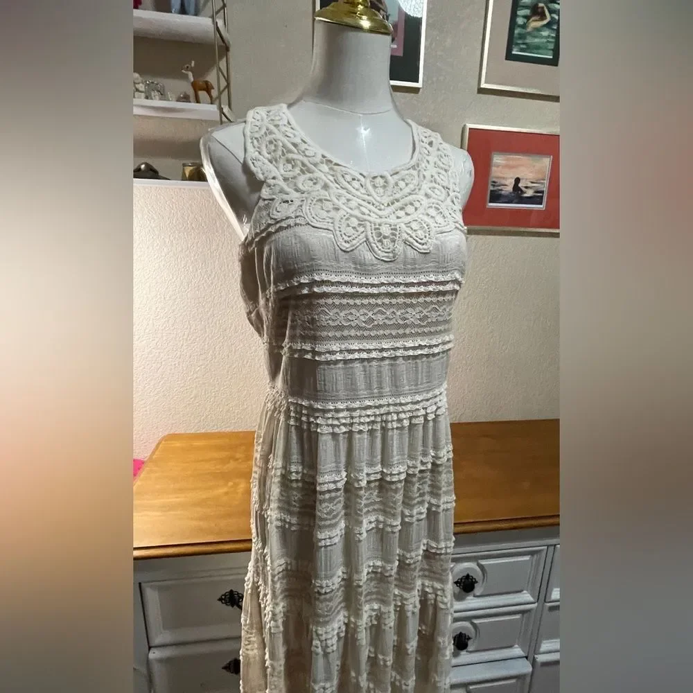 Eliza J Creme Crochet Lace Maxi Dress Women Sz 6 Tiered Lined Cottagecore Boho